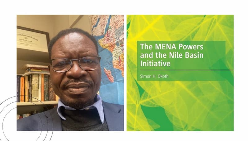Simon Okoth alongside his bookThe MENA Powers and the Nile Basin Initiative