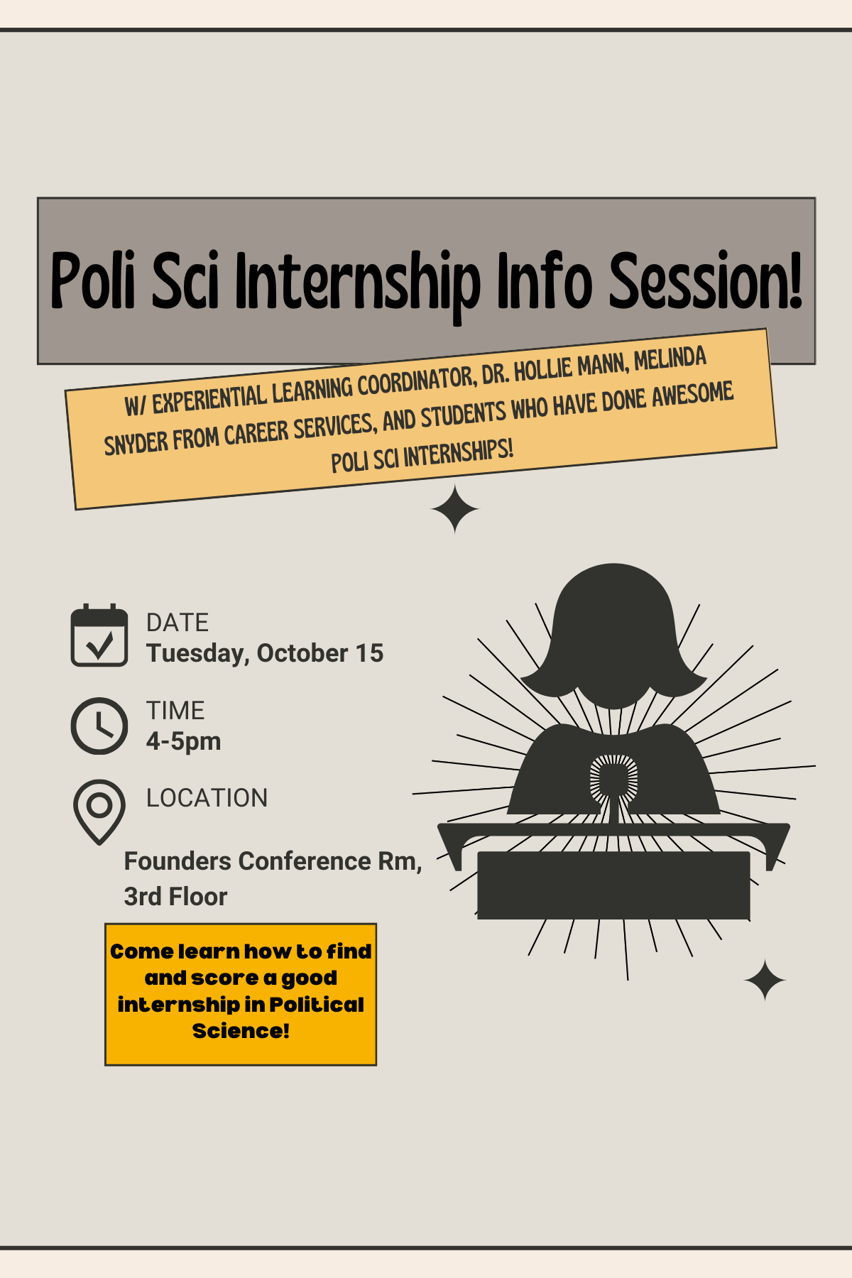 POLI internship information session on October 15 in Founders Hall 328 at 4 PM